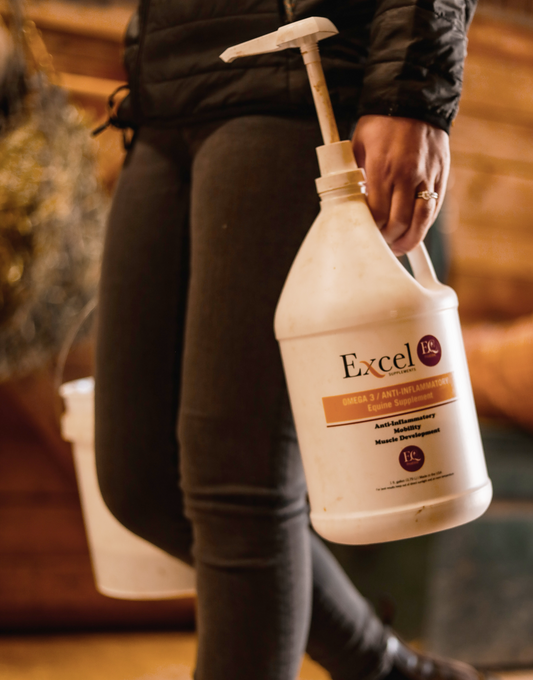 Person carrying a bottle of Excel EQ Omega 3 supplement in a barn, promoting equine joint health and anti-inflammatory benefits