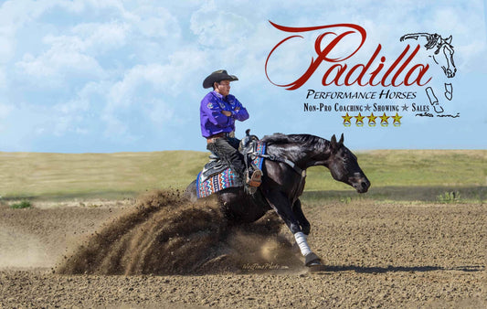 Sponsored rider Martin Padilla performing a reining slide on a black horse during a competition, representing Padilla Performance Horses for non-pro coaching, showing, and sales