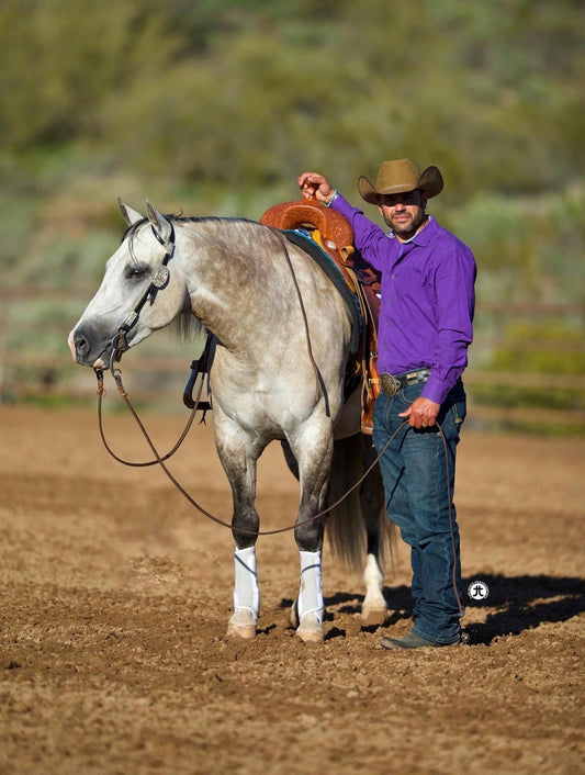 Professional horse trainer Pedro Baiao standing with a gray horse in western riding gear, showcasing expertise in horsemanship and reining