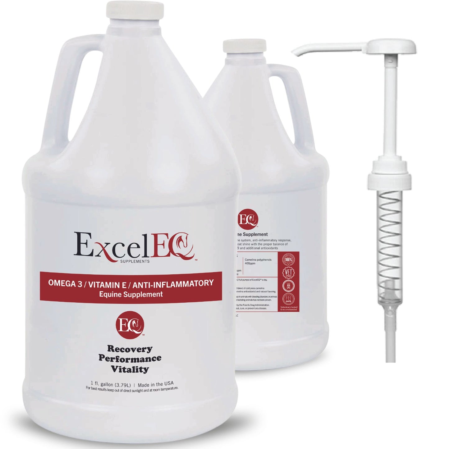 Two large white gallon containers of ExcelEQ Omega 3/Vitamin E/Anti-Inflammatory equine supplement are shown, labeled for recovery, performance, and vitality. A white dispensing pump is also displayed to the right of the containers.