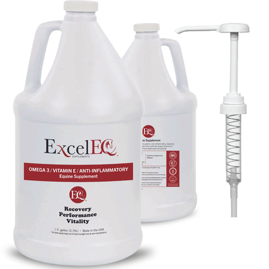 Two large white gallon containers of ExcelEQ Omega 3/Vitamin E/Anti-Inflammatory equine supplement are shown, labeled for recovery, performance, and vitality. A white dispensing pump is also displayed to the right of the containers.