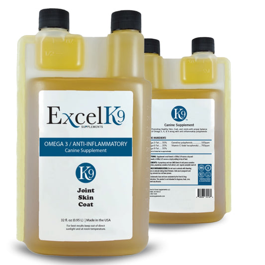 Two small 32 fluid ounce containers of ExcelK9 Omega 3/Vitamin E canine supplement are shown, labeled for Joint, Skin and Coat.