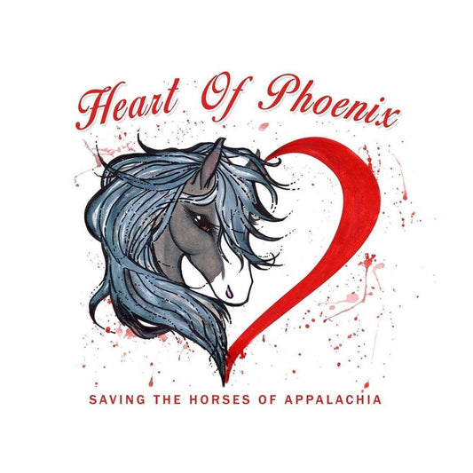 Heart of Phoenix logo featuring a horse illustration and heart, promoting the mission of saving the horses of Appalachia through rescue and rehabilitation