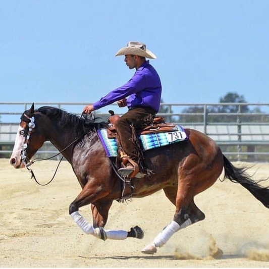 Equestrian rider performing reining maneuvers on a horse in an outdoor arena, showcasing western riding skills and horse athleticism