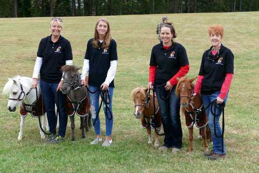 Stampede of Love team members standing with their miniature therapy horses, promoting animal-assisted therapy and community outreach programs